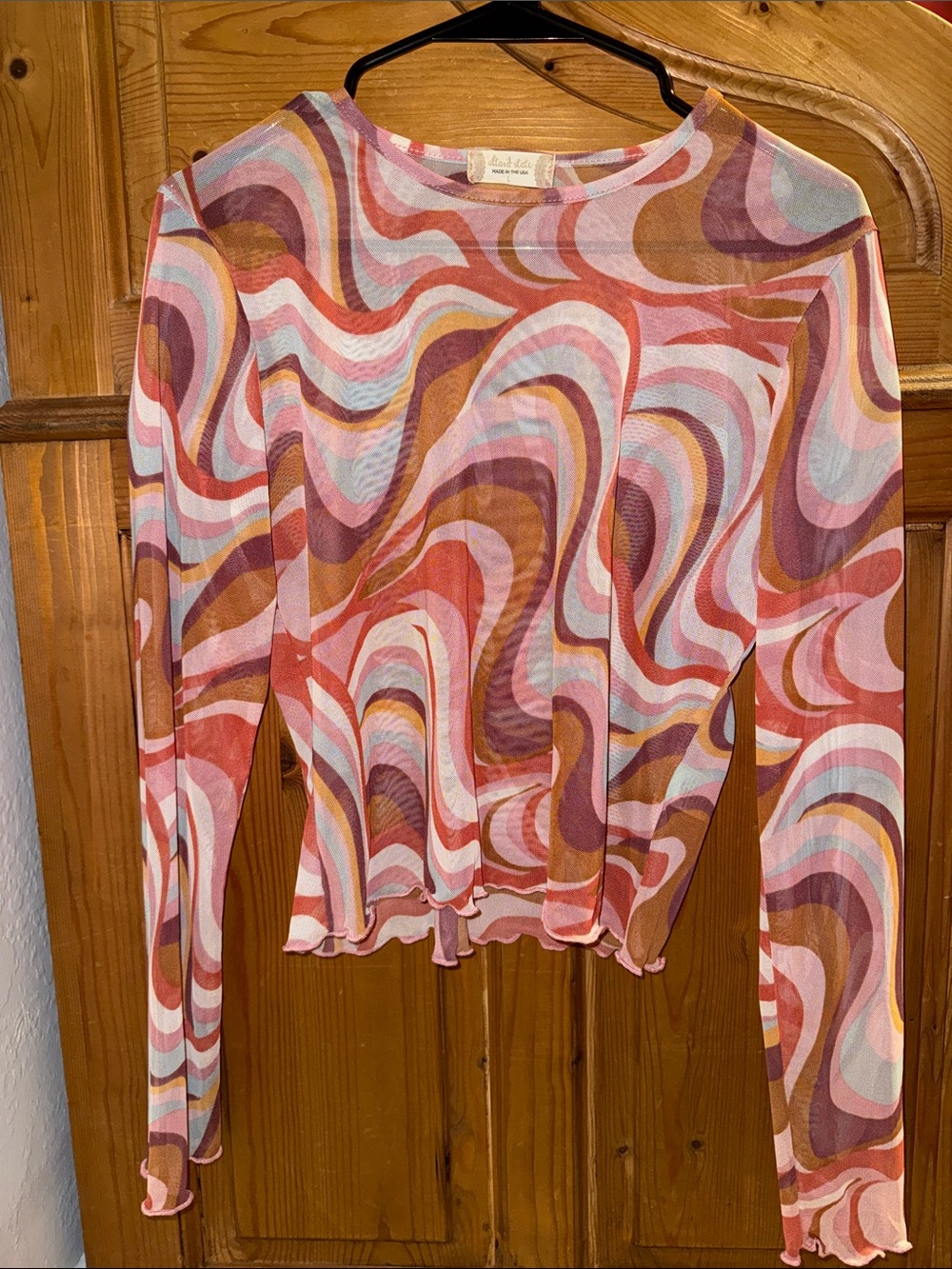 Altar'd State Pink Multi Swirl Sheer Long-Sleeve Top